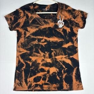 Skull Bones Peace Finger Women's Large T-Shirt Orange Black Tie Dye Halloween